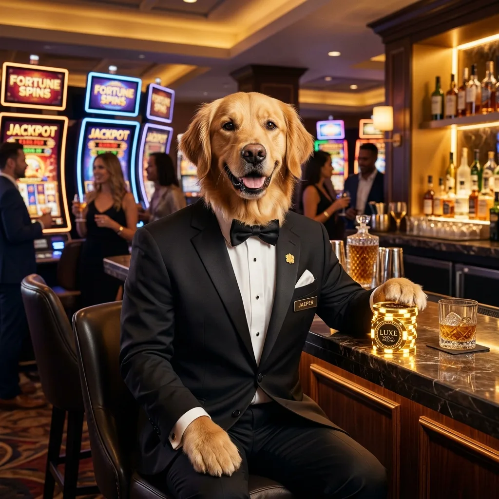 Jasper, the golden retriever host in tuxedo